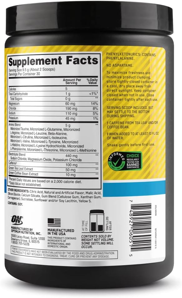 Optimum Nutrition Amino Energy Powder Plus Hydration, with BCAA, Electrolytes, and Caffeine, Pineapple Twist, 30 Servings (Packaging May Vary)