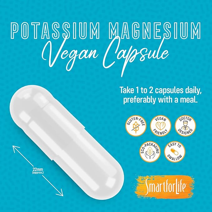 SMART FOR LIFE Magnesium Potassium Supplement – High Absorption Magnesium Complex – Magnesium and Potassium for Vascular Health, Leg Cramps, Magnesium for Sleep – Gluten-Free - 30 Vegan Capsules