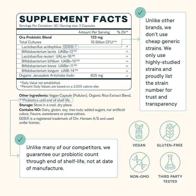 Ora Organic Probiotics with Prebiotics for Digestive Health 16 Billion CFU - Trust Your Gut - Strains - Acidophilus Lactobacillus Breve Bifidum Lactis