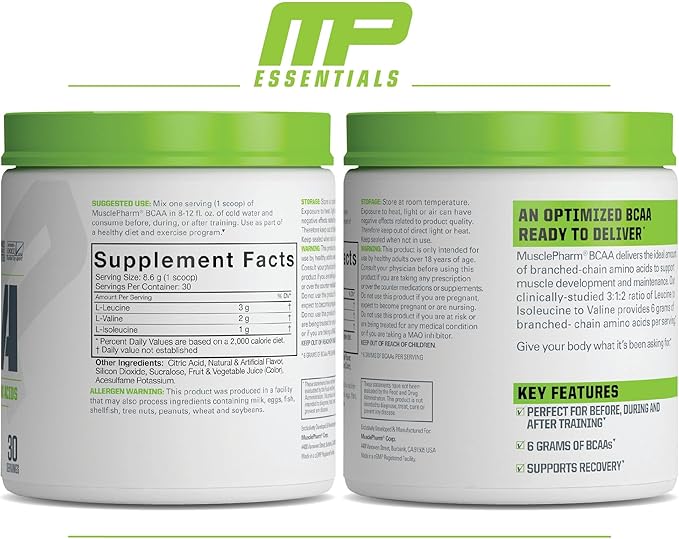 MusclePharm Essentials BCAA Powder, Pre & Post Workout Recovery Drink, Supports Muscle Recovery & Energy, Essential Amino Acids, 30 Serv, Fruit Punch