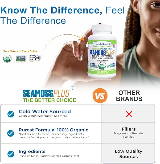 Power By Naturals Sea Moss Plus - USDA Certified Organic Wildcrafted Irish Seamoss, Bladderwrack & Burdock Root, Supplement for Immunity, 60Ct, 2 Pack