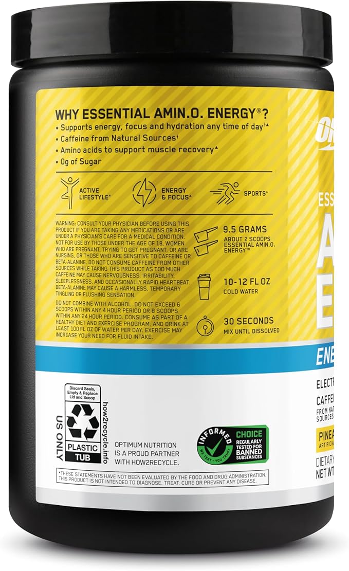 Optimum Nutrition Amino Energy Powder Plus Hydration, with BCAA, Electrolytes, and Caffeine, Pineapple Twist, 30 Servings (Packaging May Vary)