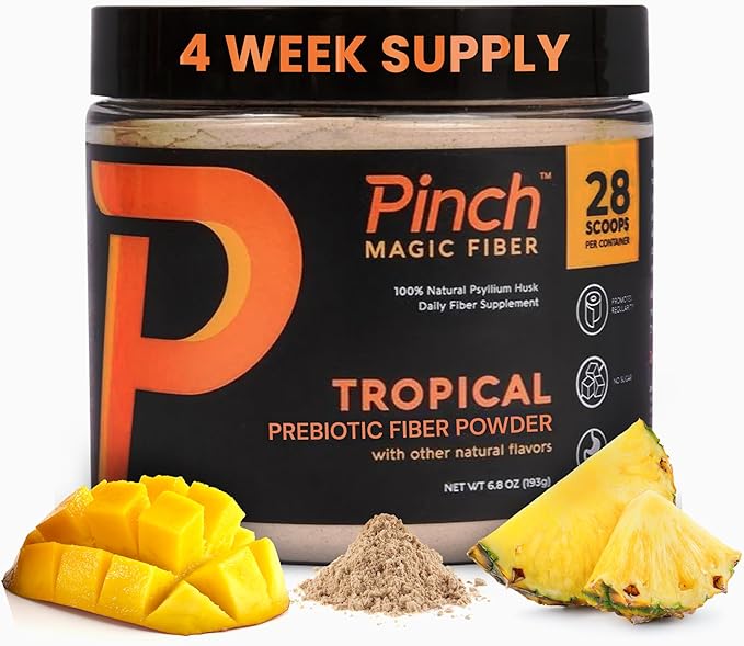 Pinch Magic Fiber | Prebiotic Fiber Supplement for Women & Men | Psyllium Husk Powder for Digestive & Gut Health Support | Keto, Vegan, Sugar Free Fiber Powder | USA-Made | Tropical, 28-Day Supply