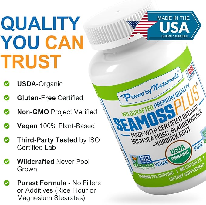 Power By Naturals Sea Moss Plus - USDA Certified Organic Wildcrafted Irish Seamoss, Bladderwrack & Burdock Root, Supplement for Immunity, 60Ct, 2 Pack