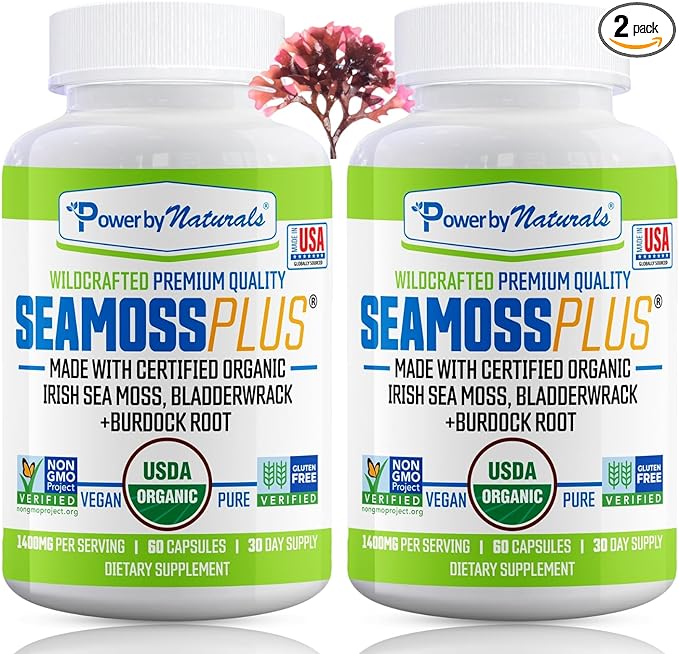 Power By Naturals Sea Moss Plus - USDA Certified Organic Wildcrafted Irish Seamoss, Bladderwrack & Burdock Root, Supplement for Immunity, 60Ct, 2 Pack