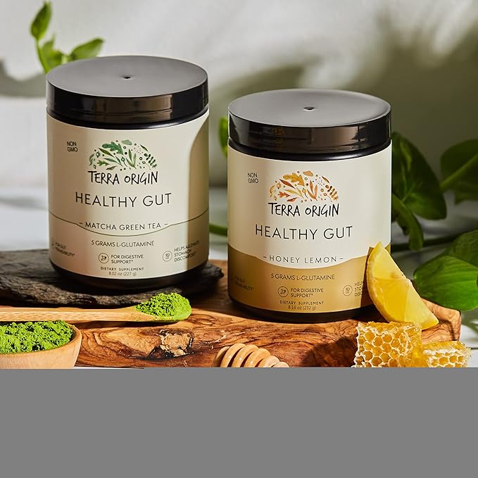TERRA ORIGIN Healthy Gut Powder (Honey Lemon) | 30-Servings with L-Glutamine, Zinc, Glucosamine, Slippery Elm Bark and More!
