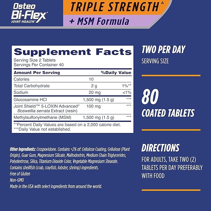 Osteo Bi-Flex Triple Strength(5) with MSM, Glucosamine Joint Health Supplement, Coated Tablets, 80 Count