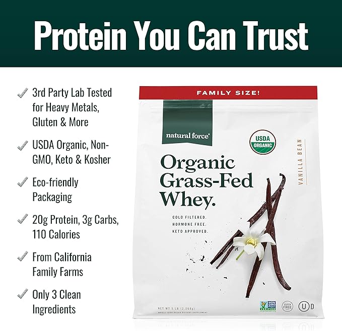 Natural Force Grass Fed Organic Whey Protein Powder – Non GMO Verified, Humane Certified & Lab Tested for Toxins – Real Vanilla Flavor – Keto Friendly, Low Carb, and Kosher – 5 Pound A2 Protein