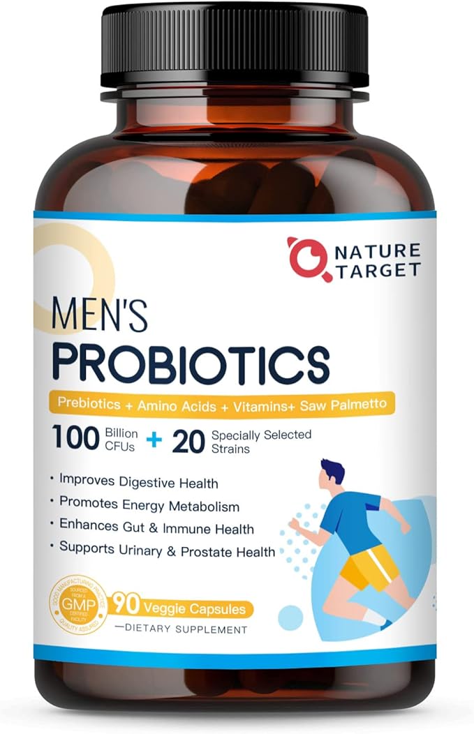 NATURE TARGET Probiotics for Men Digestive Health with Enzymes & Prebiotics, 100 Billion CFUs, Men's Probiotics with Saw Palmetto & Cranberry for Prostate & Urinary Tract Health, 90 Veggie Capsules