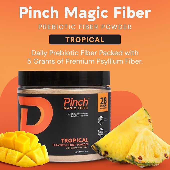 Pinch Magic Fiber | Prebiotic Fiber Supplement for Women & Men | Psyllium Husk Powder for Digestive & Gut Health Support | Keto, Vegan, Sugar Free Fiber Powder | USA-Made | Tropical, 28-Day Supply