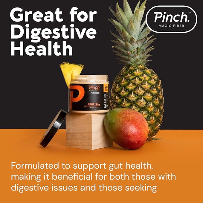 Pinch Magic Fiber | Prebiotic Fiber Supplement for Women & Men | Psyllium Husk Powder for Digestive & Gut Health Support | Keto, Vegan, Sugar Free Fiber Powder | USA-Made | Tropical, 28-Day Supply