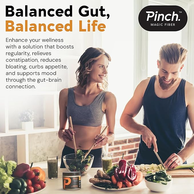 Pinch Magic Fiber | Prebiotic Fiber Supplement for Women & Men | Psyllium Husk Powder for Digestive & Gut Health Support | Keto, Vegan, Sugar Free Fiber Powder | USA-Made | Tropical, 28-Day Supply