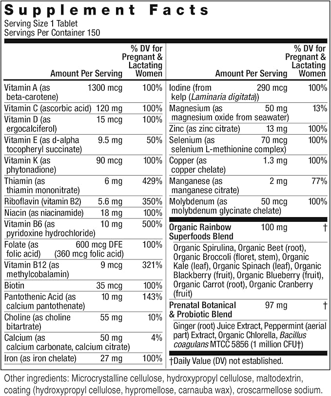 Rainbow Light Prenatal One High Potency Daily Multivitamin with Folate, Ginger and Probiotics; Supports Mom and Baby from Conception to Nursing; Vegan, 150 Tablets,* Pack May Vary