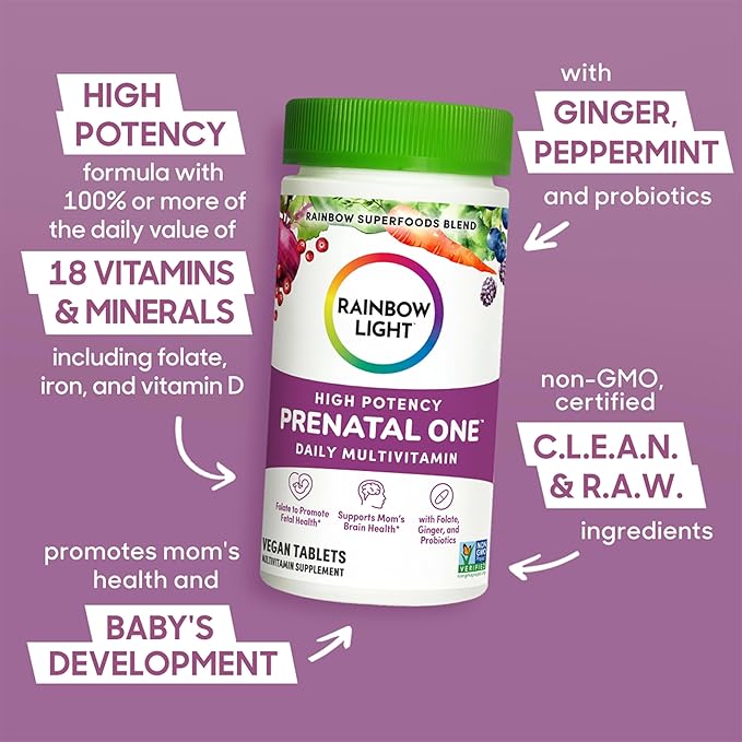 Rainbow Light Prenatal One High Potency Daily Multivitamin with Folate, Ginger and Probiotics; Supports Mom and Baby from Conception to Nursing; Vegan, 150 Tablets,* Pack May Vary