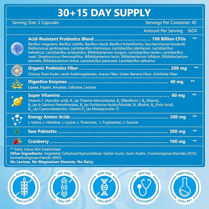 NATURE TARGET Probiotics for Men Digestive Health with Enzymes & Prebiotics, 100 Billion CFUs, Men's Probiotics with Saw Palmetto & Cranberry for Prostate & Urinary Tract Health, 90 Veggie Capsules