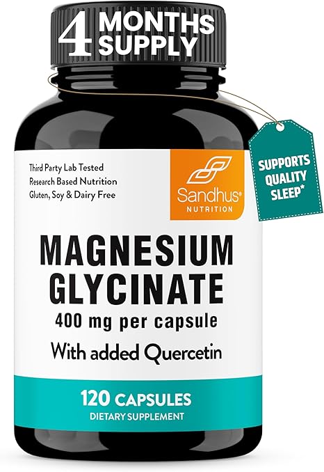 Sandhu's Magnesium Glycinate 400mg Capsules with Quercetin | Quality Sleep, Relaxation, Muscle, Bone Health & Immune Support | 120 Count (Pack of 1) | Easy to Swallow | for Women and Men