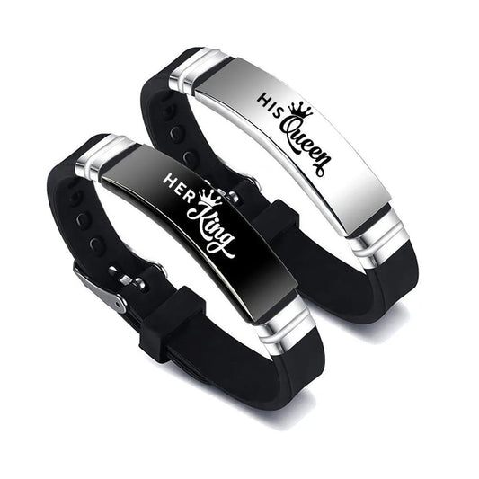 2Pcs Couple Bracelet Set – Her King & His Queen Stainless Steel Silicone Band Gift